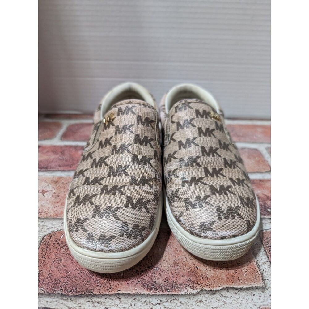 MK Michael Kors Youth Keaton Slip On Sneakers Flats 3 Canvas MK Logo Tan